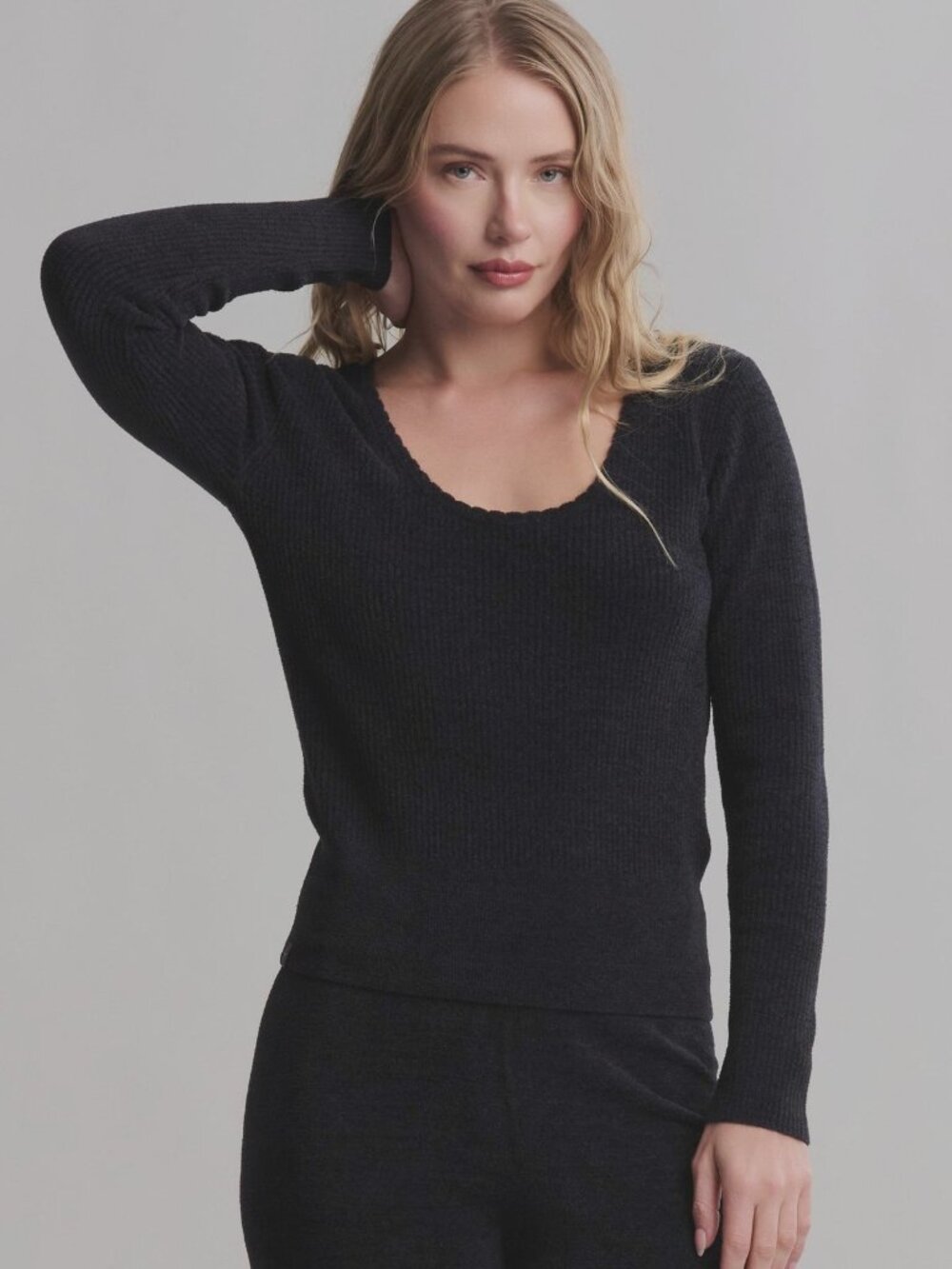 Barefoot Dreams CozyChic Ultra Lite Scallop Scoop Neck Lounge Top Black XS